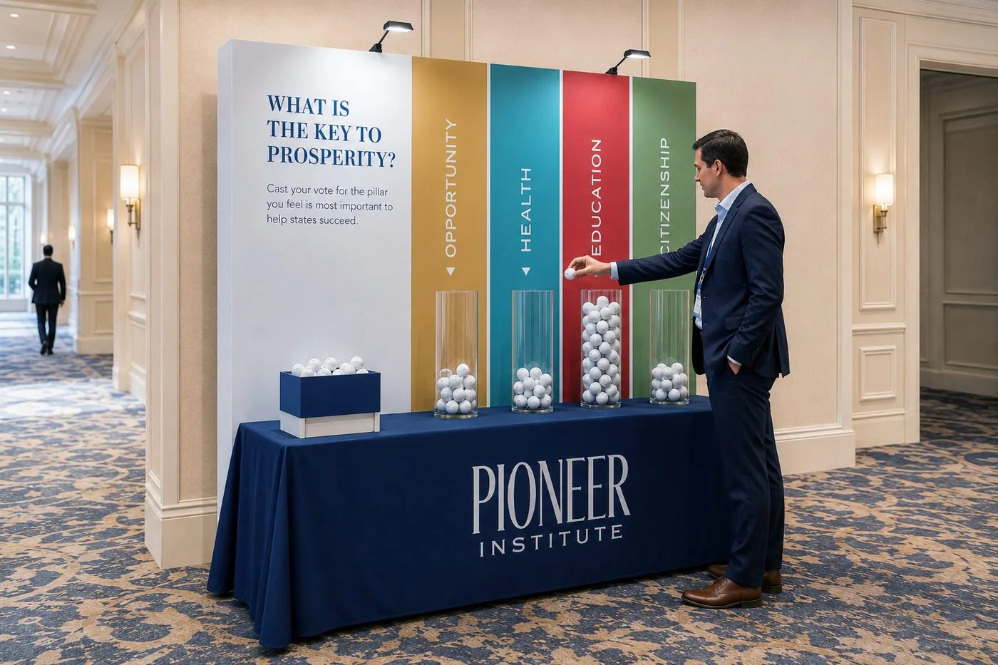 An attendee casting a vote at the key-to-prosperity display