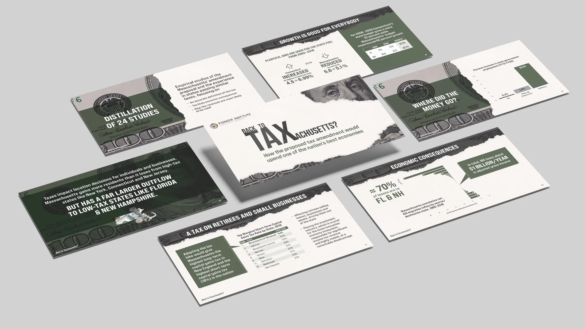 Back to Taxachusetts? presentation deck with currency-inspired slide design