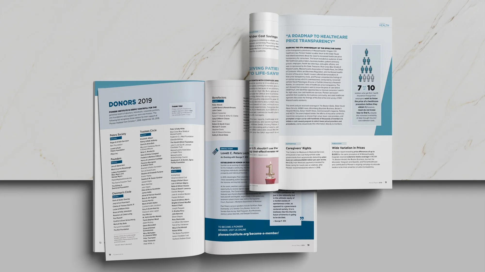Pioneer Institute 2019 Annual Report spreads: Donors 2019 and Pioneer Health, A Roadmap to Healthcare Price Transparency
