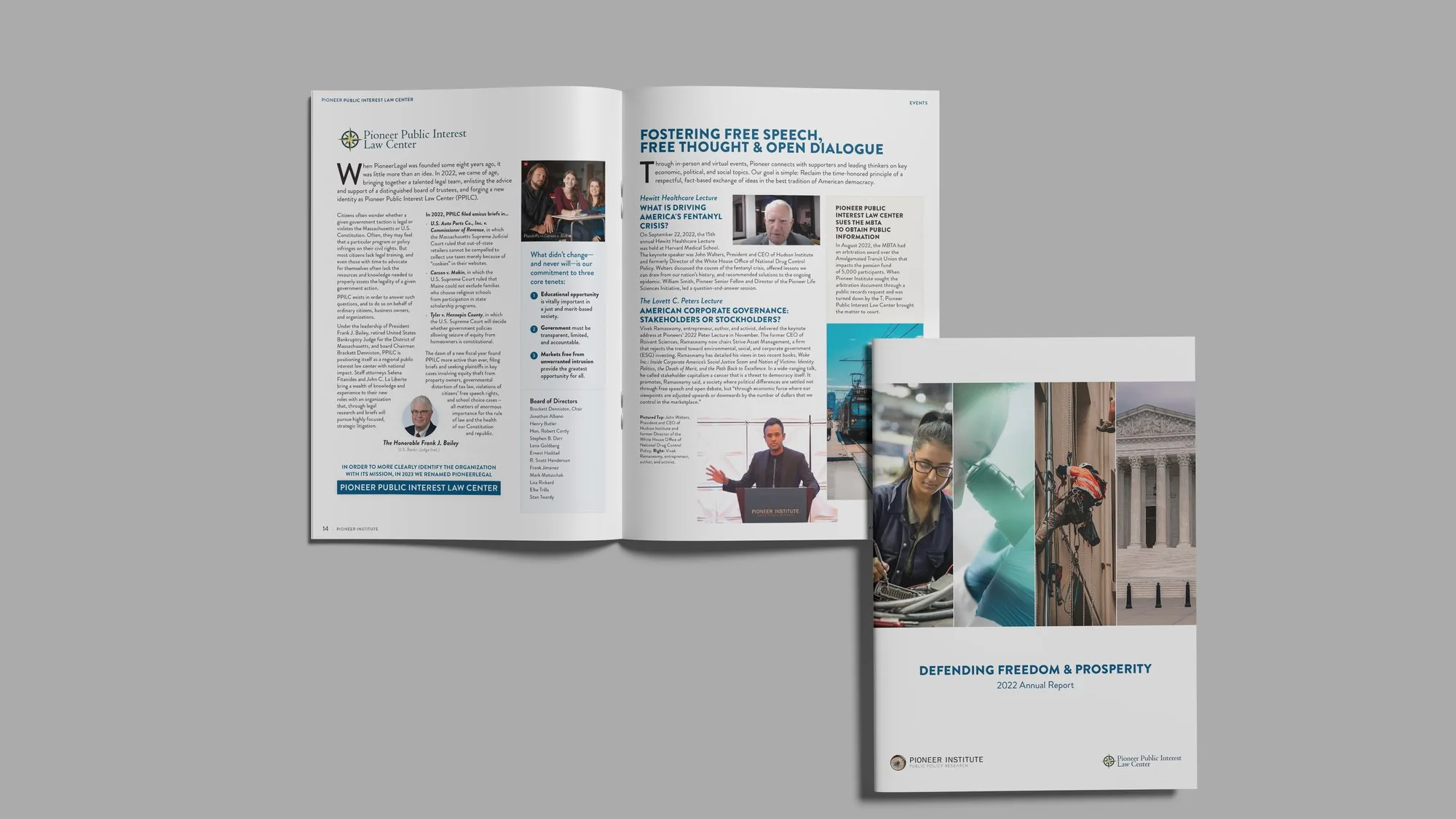 Pioneer Institute 2022 Annual Report cover with the Pioneer Public Interest Law Center and events spread