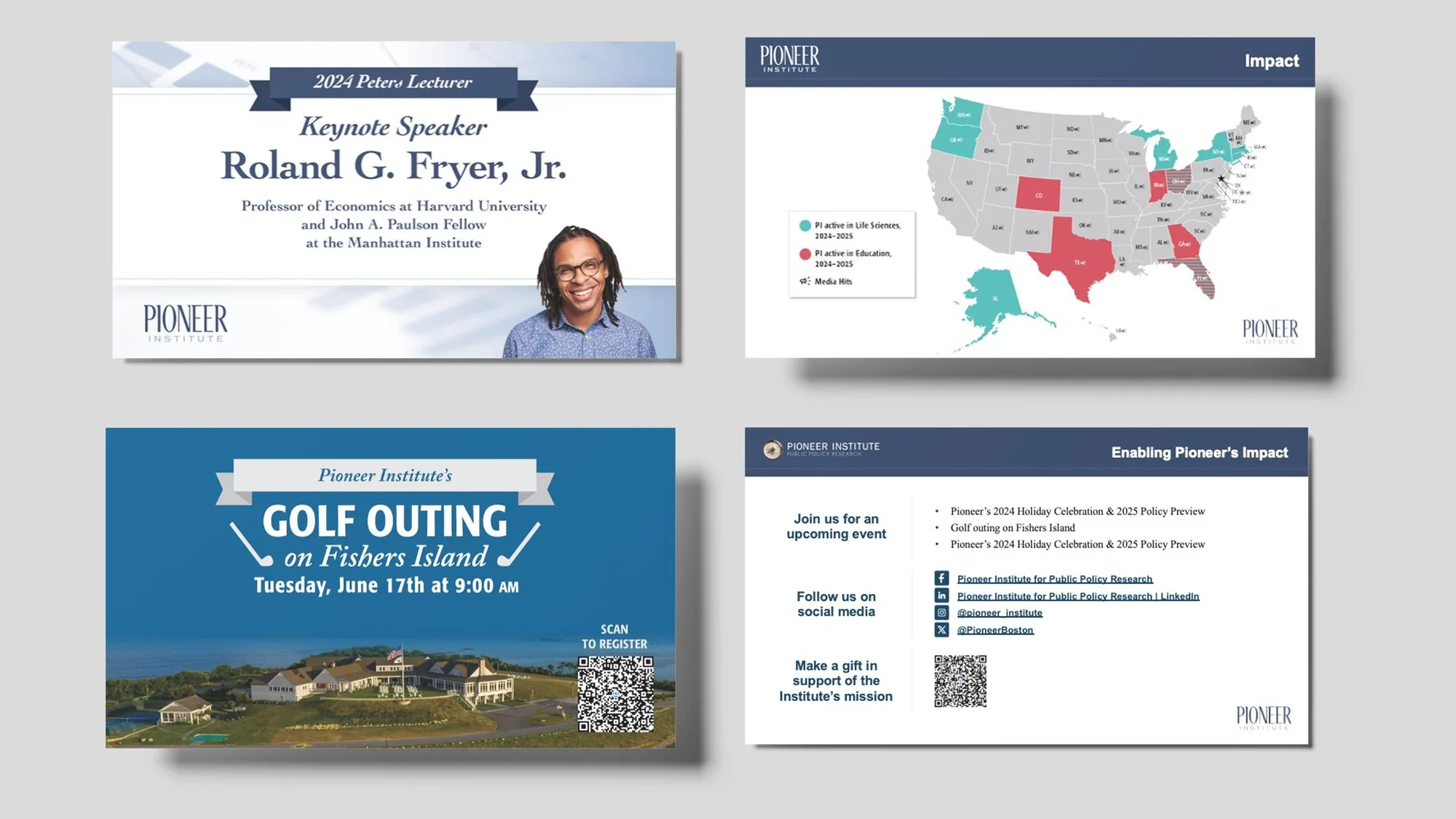 Pioneer Institute event and impact slides: Peters Lecture, impact map, golf outing, and giving