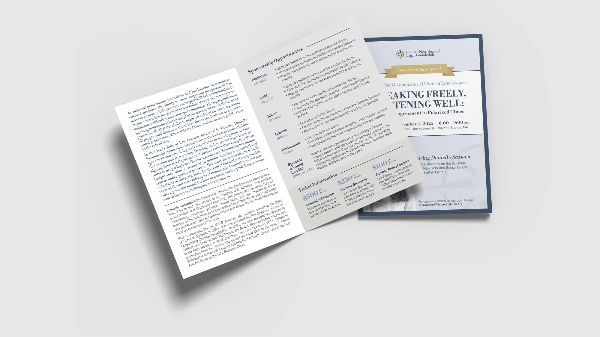 Rule of Law Lecture invitation, inside panels with speaker background, sponsorship levels, and ticket information