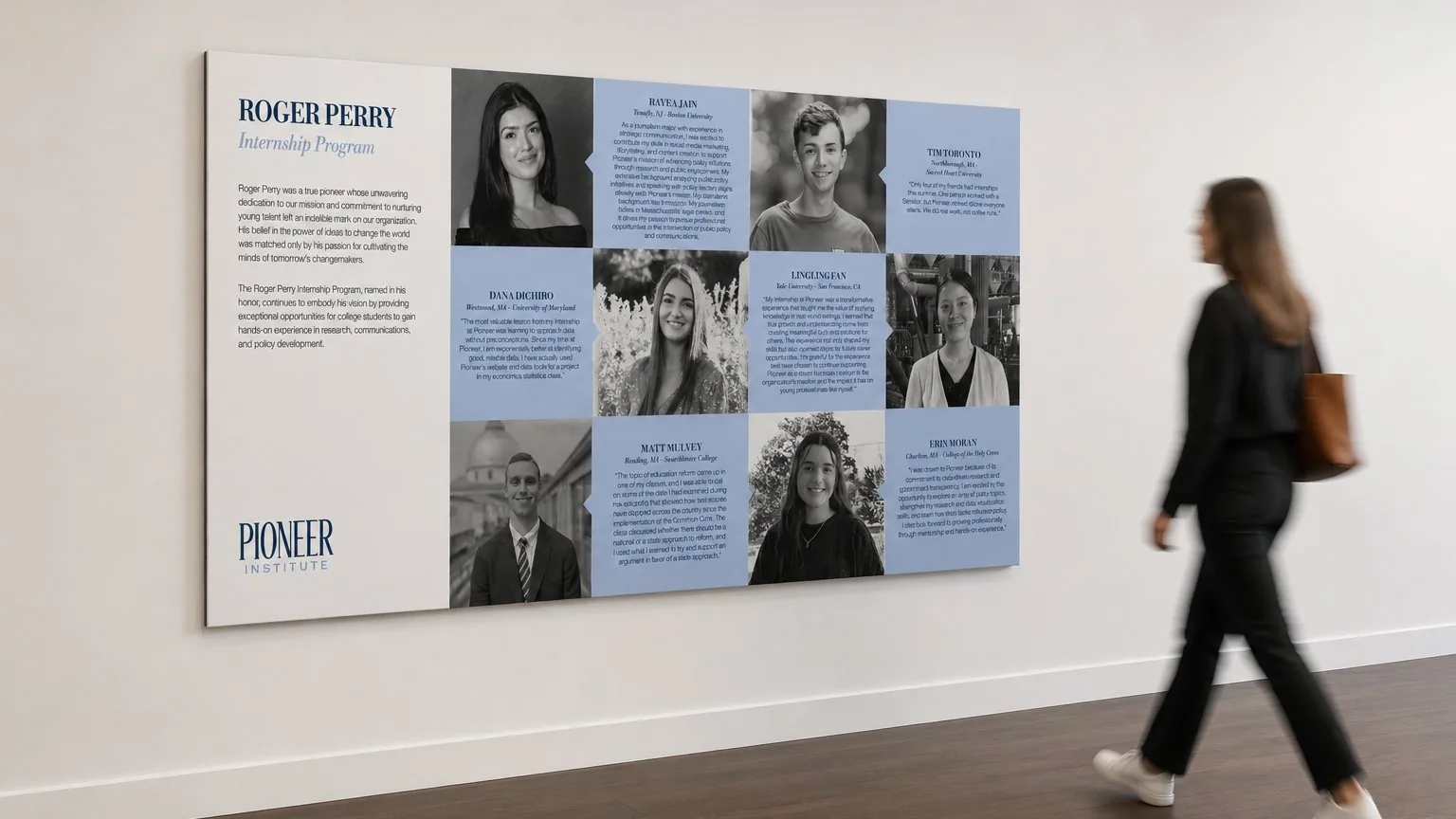 Tribute wall for the Roger Perry Internship Program and its alumni